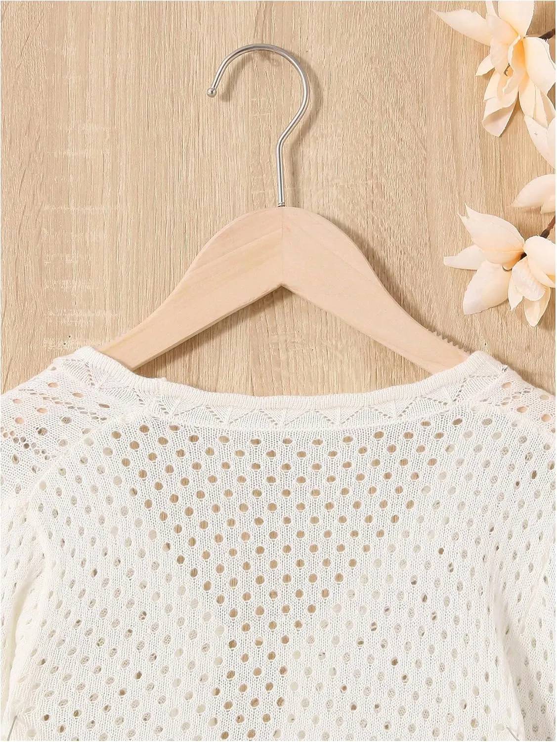 Girl's Tie Front Cardigan Hollow Out Scallop Trim Bell Long Sleeve Drop Shoulder Sweater