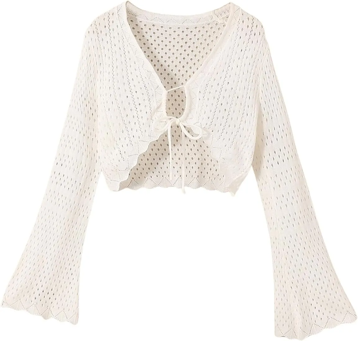 Girl's Tie Front Cardigan Hollow Out Scallop Trim Bell Long Sleeve Drop Shoulder Sweater
