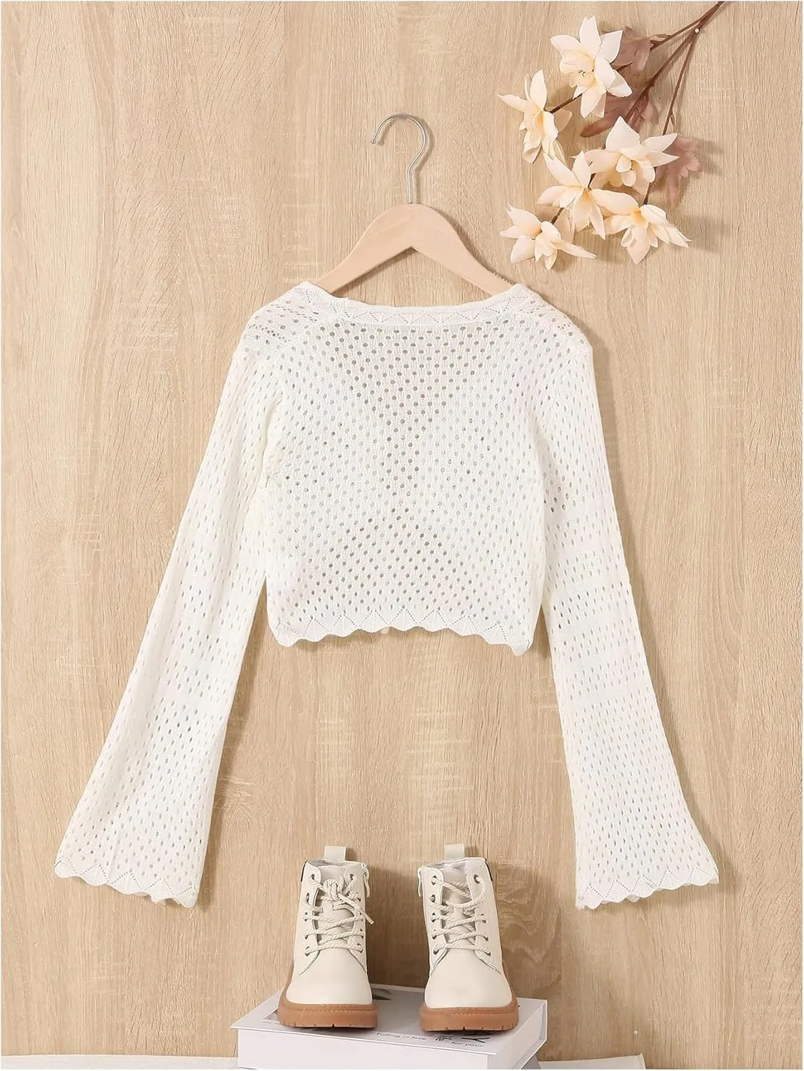 Girl's Tie Front Cardigan Hollow Out Scallop Trim Bell Long Sleeve Drop Shoulder Sweater