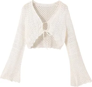 Girl's Tie Front Cardigan Hollow Out Scallop Trim Bell Long Sleeve Drop Shoulder Sweater