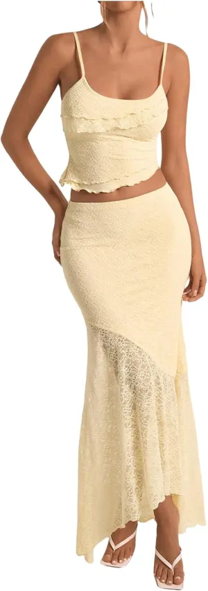 GORGLITTER Women's 2 Piece Skirt Sets Lace Crop Top and Asymmetrical Bodycon Long Maxi Skirt Trendy Summer Outfits 2025