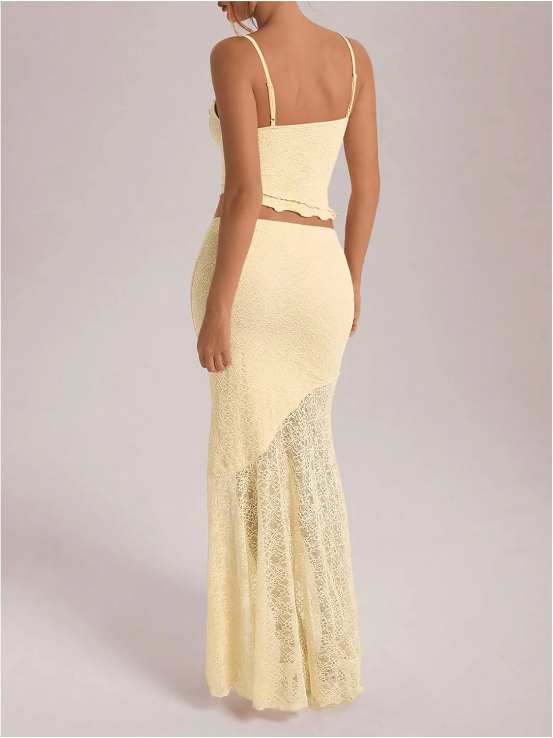 GORGLITTER Women's 2 Piece Skirt Sets Lace Crop Top and Asymmetrical Bodycon Long Maxi Skirt Trendy Summer Outfits 2025