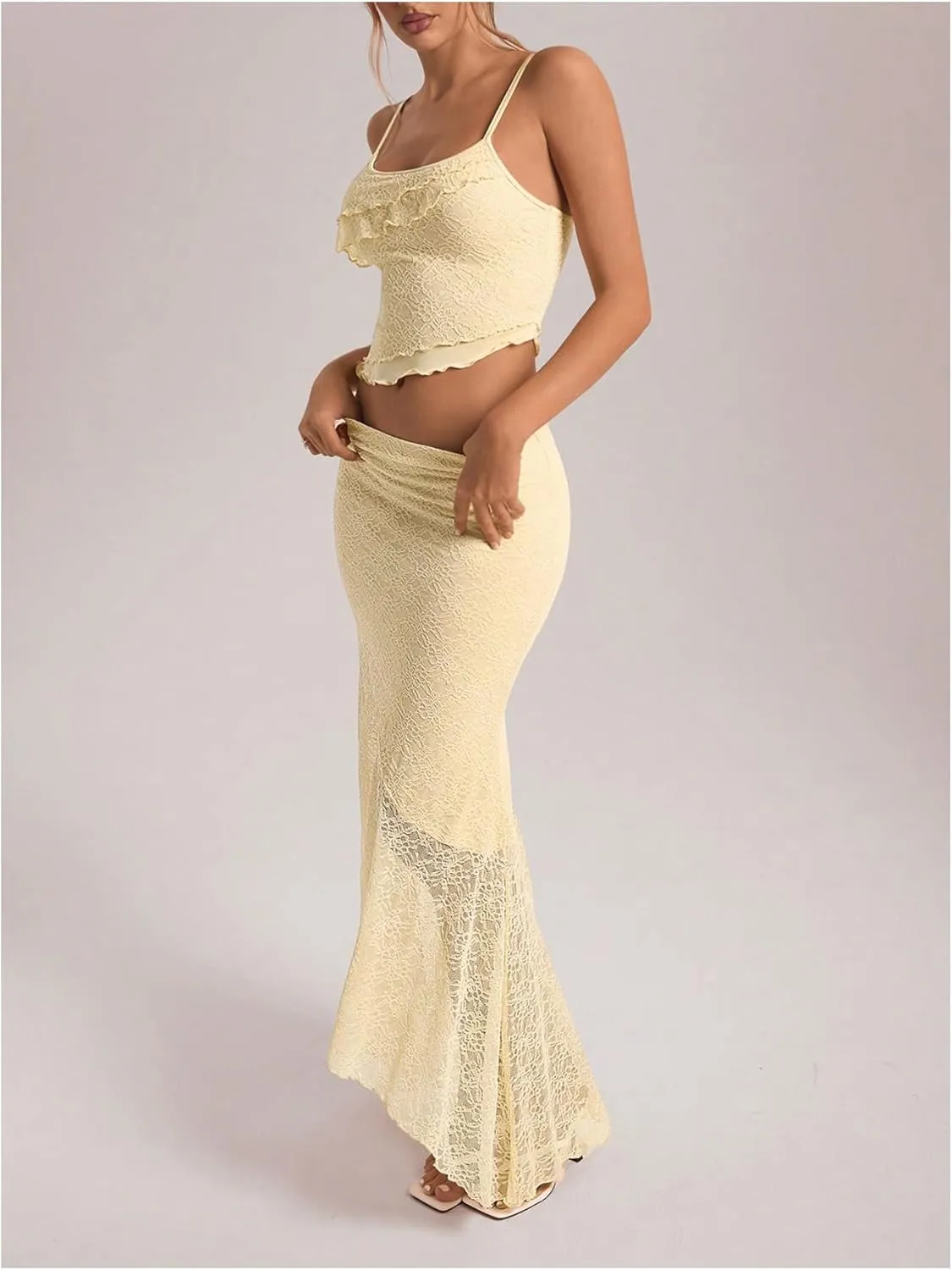 GORGLITTER Women's 2 Piece Skirt Sets Lace Crop Top and Asymmetrical Bodycon Long Maxi Skirt Trendy Summer Outfits 2025