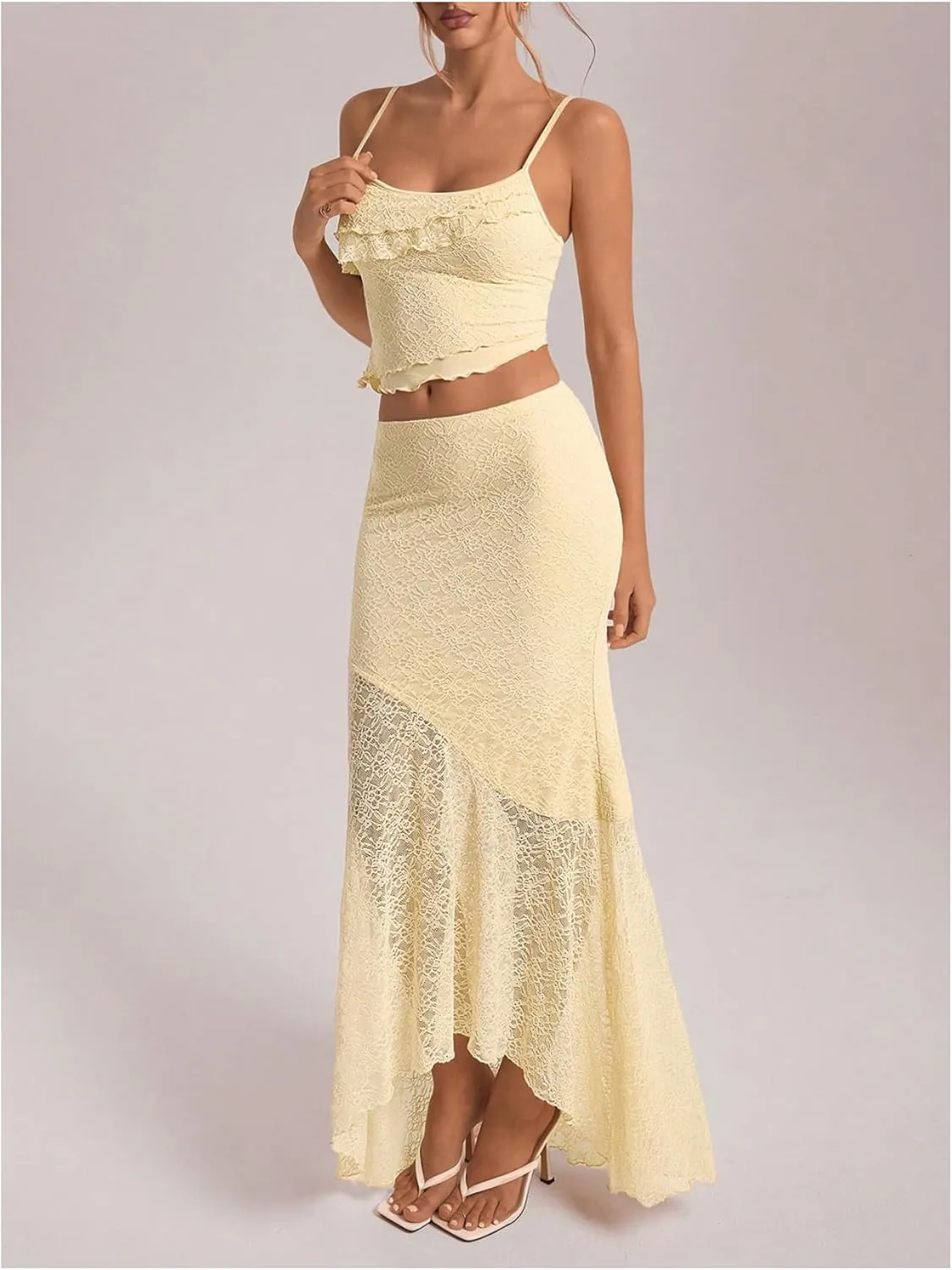 GORGLITTER Women's 2 Piece Skirt Sets Lace Crop Top and Asymmetrical Bodycon Long Maxi Skirt Trendy Summer Outfits 2025