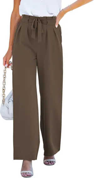GRAPENT Dress Pants Women High Waisted Wide Leg Work Pants Dressy Casual Trendy Elastic Waist Pleated Belted Trousers