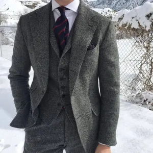 Gray Wool Tweed Winter Men Suit's For Wedding Formal Groom Tuxedo Herringbone Male Fashion 3 Piece (Jacket  Vest  Pants Tie)