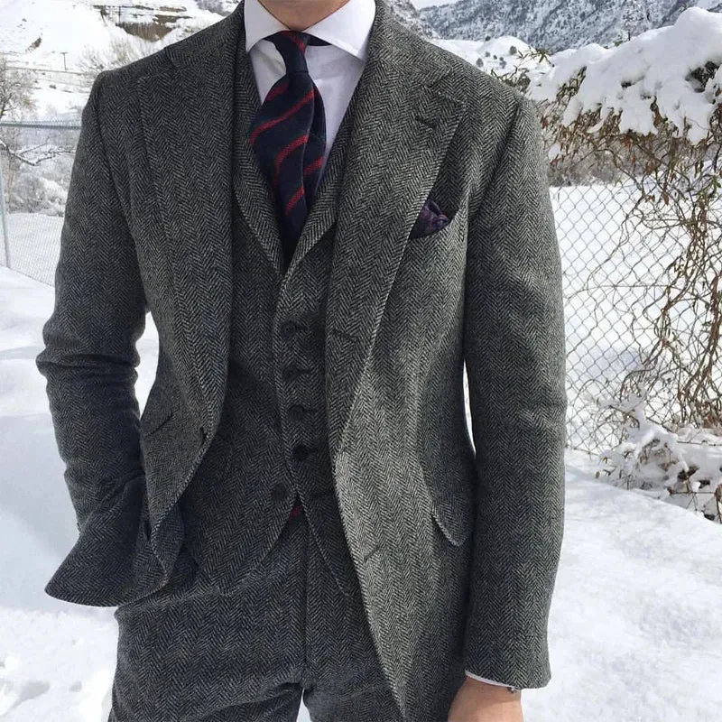 Gray Wool Tweed Winter Men Suit's For Wedding Formal Groom Tuxedo Herringbone Male Fashion 3 Piece (Jacket  Vest  Pants Tie)