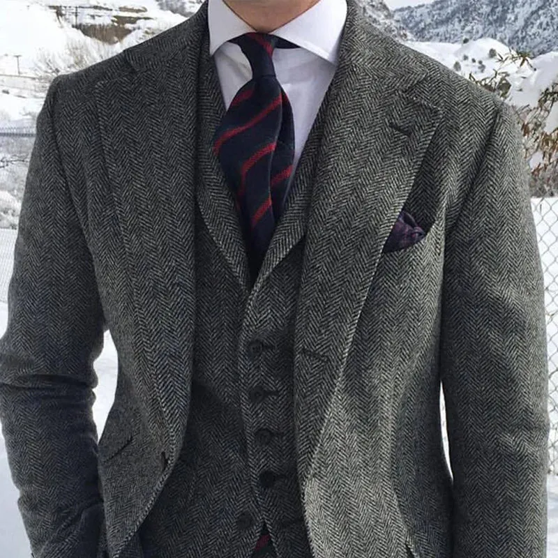 Gray Wool Tweed Winter Men Suit's For Wedding Formal Groom Tuxedo Herringbone Male Fashion 3 Piece (Jacket  Vest  Pants Tie)