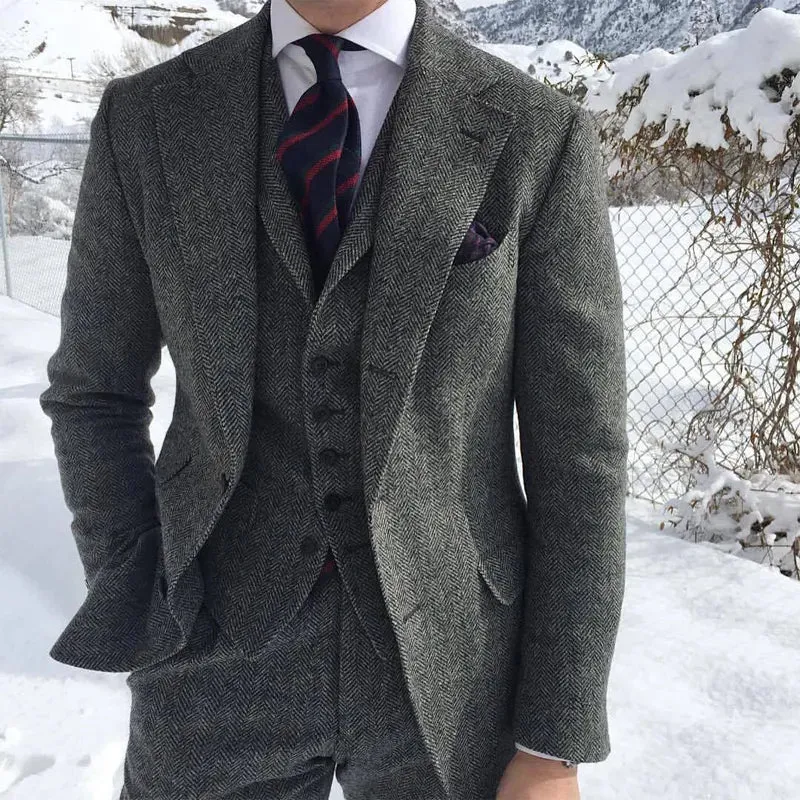 Gray Wool Tweed Winter Men Suit's For Wedding Formal Groom Tuxedo Herringbone Male Fashion 3 Piece (Jacket  Vest  Pants Tie)
