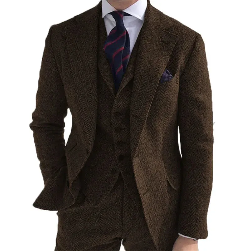 Gray Wool Tweed Winter Men Suit's For Wedding Formal Groom Tuxedo Herringbone Male Fashion 3 Piece (Jacket  Vest  Pants Tie)