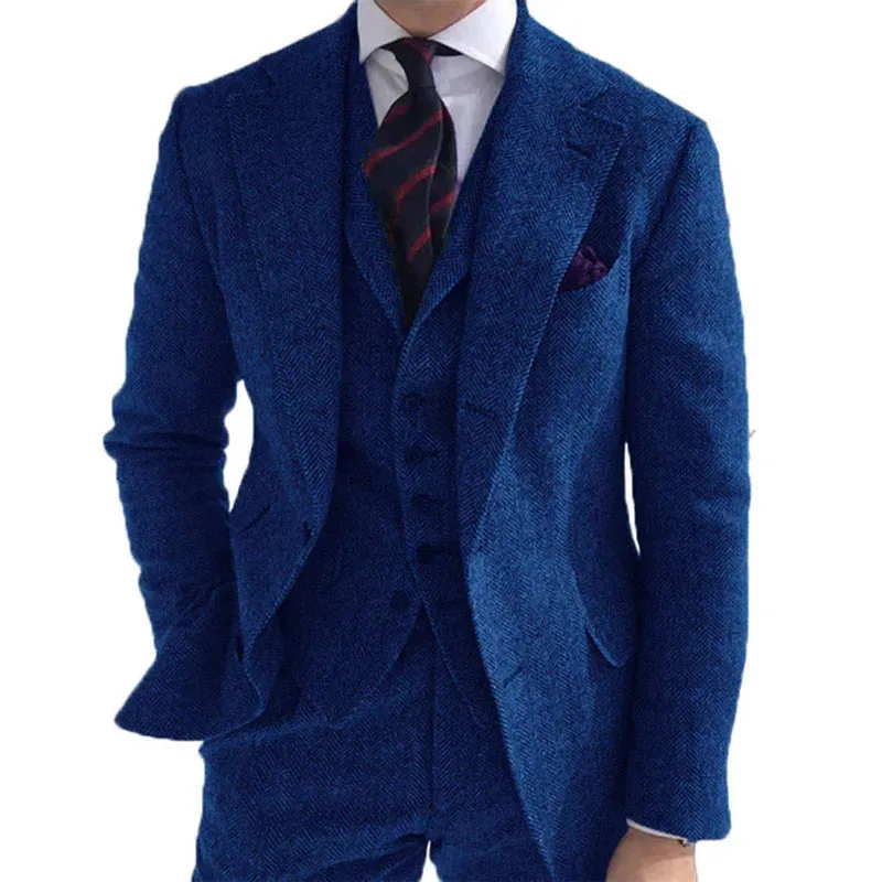 Gray Wool Tweed Winter Men Suit's For Wedding Formal Groom Tuxedo Herringbone Male Fashion 3 Piece (Jacket  Vest  Pants Tie)