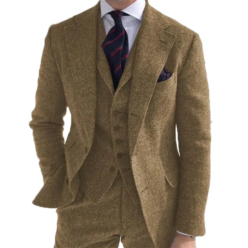 Gray Wool Tweed Winter Men Suit's For Wedding Formal Groom Tuxedo Herringbone Male Fashion 3 Piece (Jacket  Vest  Pants Tie)