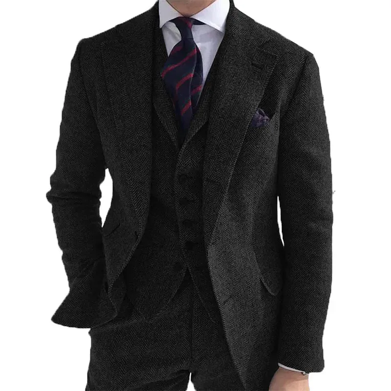 Gray Wool Tweed Winter Men Suit's For Wedding Formal Groom Tuxedo Herringbone Male Fashion 3 Piece (Jacket  Vest  Pants Tie)