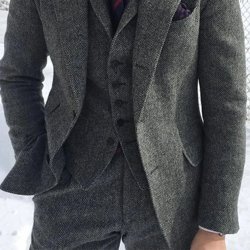 Gray Wool Tweed Winter Men Suit's For Wedding Formal Groom Tuxedo Herringbone Male Fashion 3 Piece (Jacket  Vest  Pants Tie)