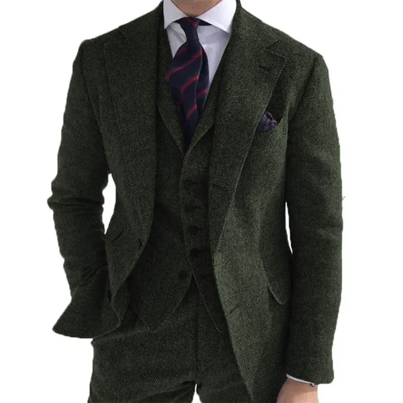 Gray Wool Tweed Winter Men Suit's For Wedding Formal Groom Tuxedo Herringbone Male Fashion 3 Piece (Jacket  Vest  Pants Tie)