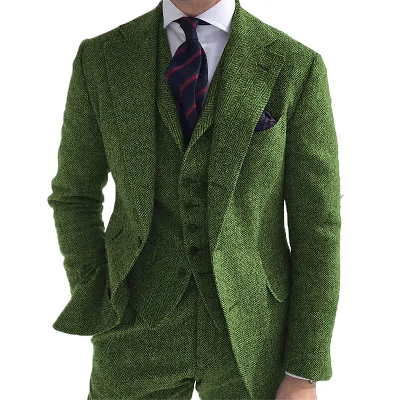 Gray Wool Tweed Winter Men Suit's For Wedding Formal Groom Tuxedo Herringbone Male Fashion 3 Piece (Jacket  Vest  Pants Tie)