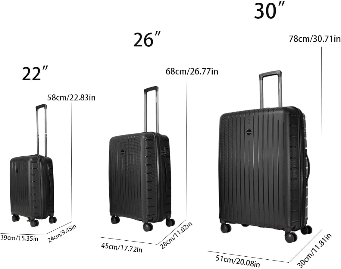 hard luggage set, made of PP durable and lightweight hard shell suitcase with universal wheels (22/26/30 in) (BLACK)