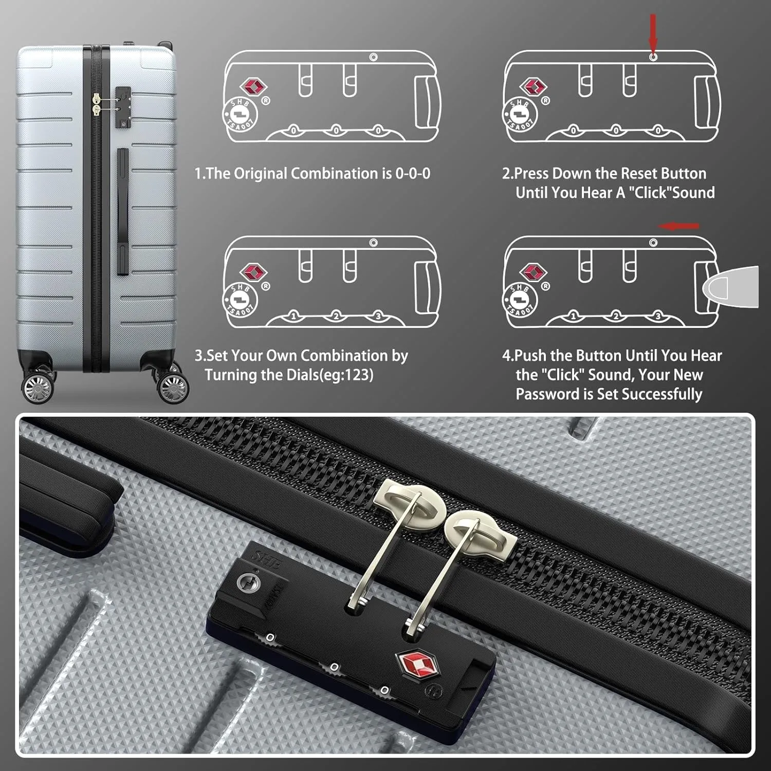Hardshell Luggage Sets with Spinner Wheels, Lightweight Suitcase 20", 24", 28" Durable ABS Hardside Luggage Set with TSA Lock, Ideal for Travel (Silver)