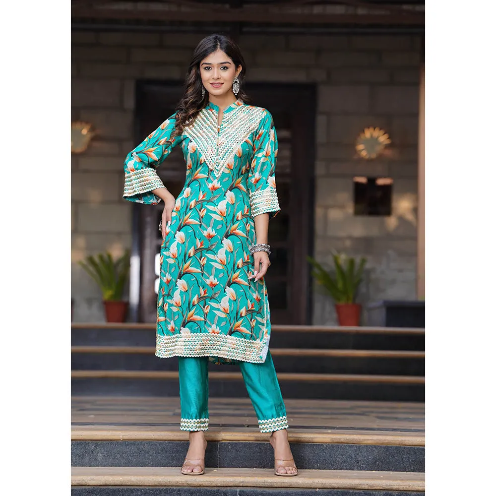 Hatheli Womens Blue Gotta Printed Kurta with Pant and Dupatta (Set of 3)
