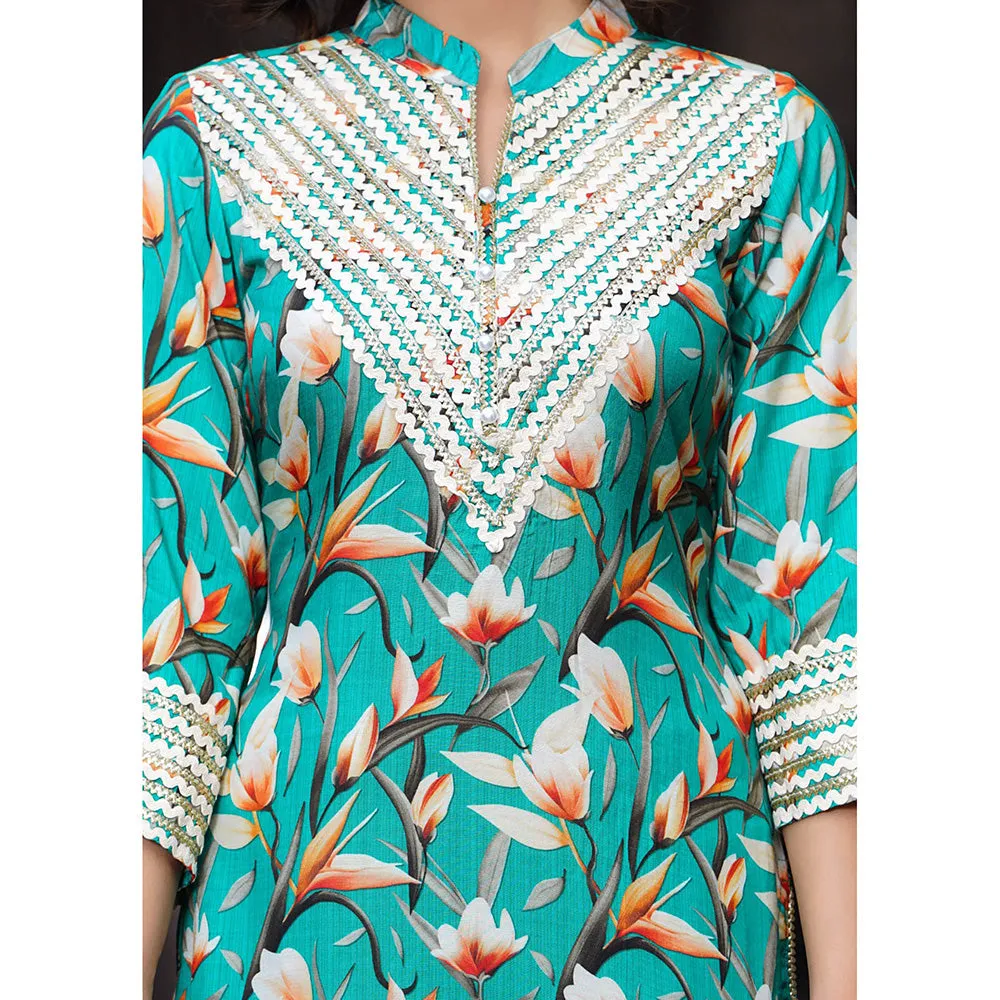 Hatheli Womens Blue Gotta Printed Kurta with Pant and Dupatta (Set of 3)