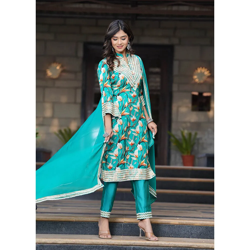 Hatheli Womens Blue Gotta Printed Kurta with Pant and Dupatta (Set of 3)
