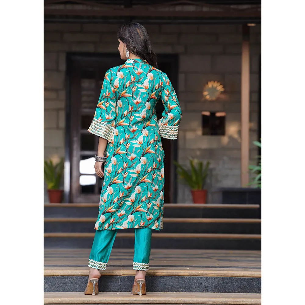 Hatheli Womens Blue Gotta Printed Kurta with Pant and Dupatta (Set of 3)