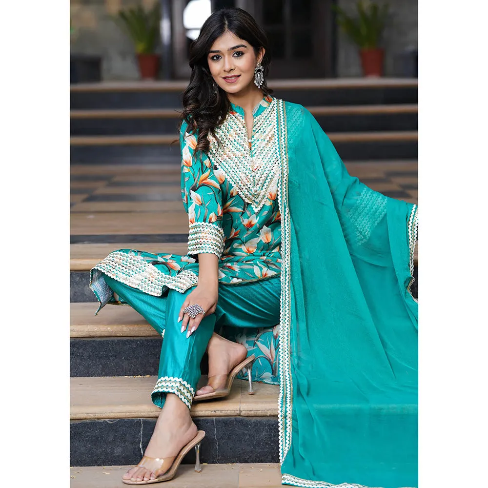 Hatheli Womens Blue Gotta Printed Kurta with Pant and Dupatta (Set of 3)
