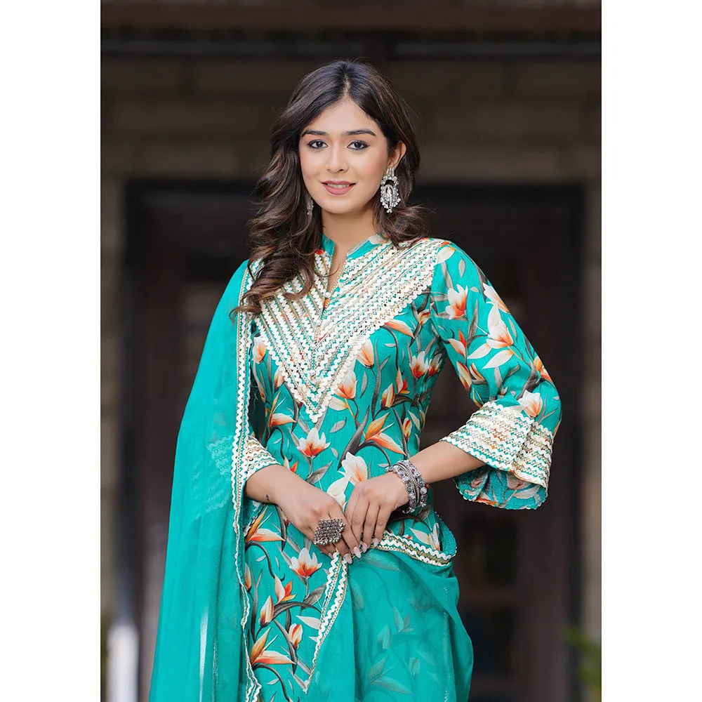 Hatheli Womens Blue Gotta Printed Kurta with Pant and Dupatta (Set of 3)
