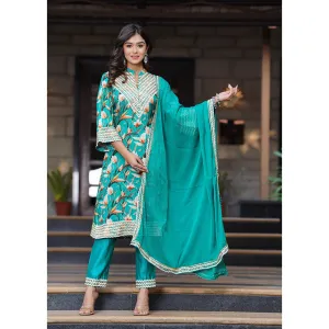 Hatheli Womens Blue Gotta Printed Kurta with Pant and Dupatta (Set of 3)