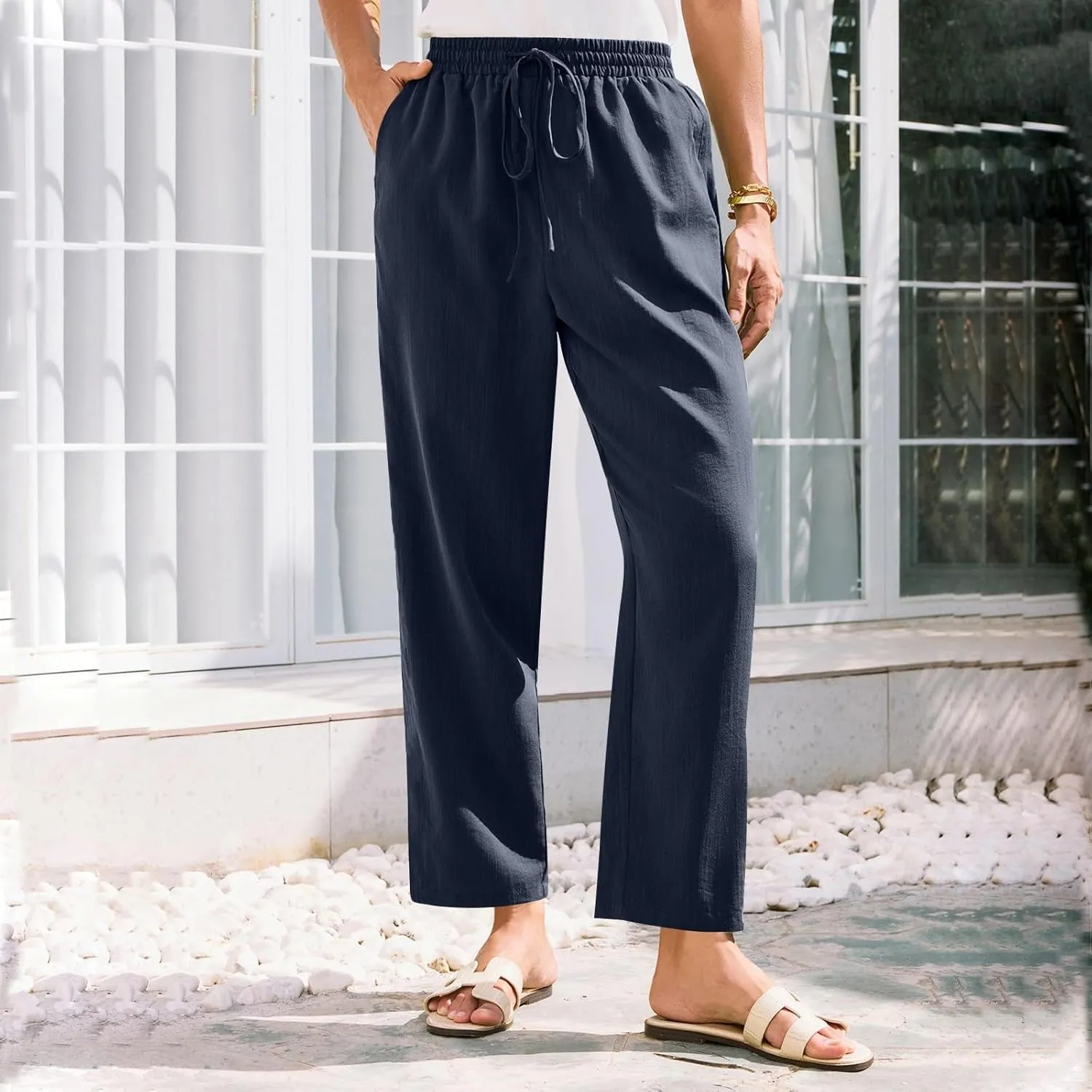 High Waisted Linen Pants Women Straight Leg Summer Trousers, Cotton Pants for Women Lounge Cotton Workout