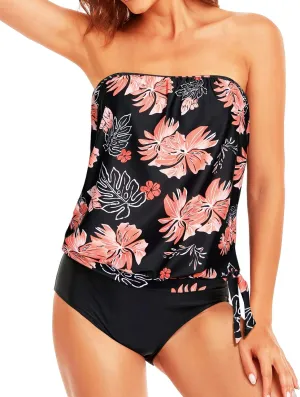 Holipick Two Piece Bathing Suit Strapless Tankini Swimsuits for Women Bandeau Swimsuits Blouson Tankini Tops with Bottom