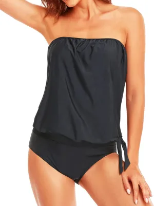 Holipick Two Piece Bathing Suit Strapless Tankini Swimsuits for Women Bandeau Swimsuits Blouson Tankini Tops with Bottom