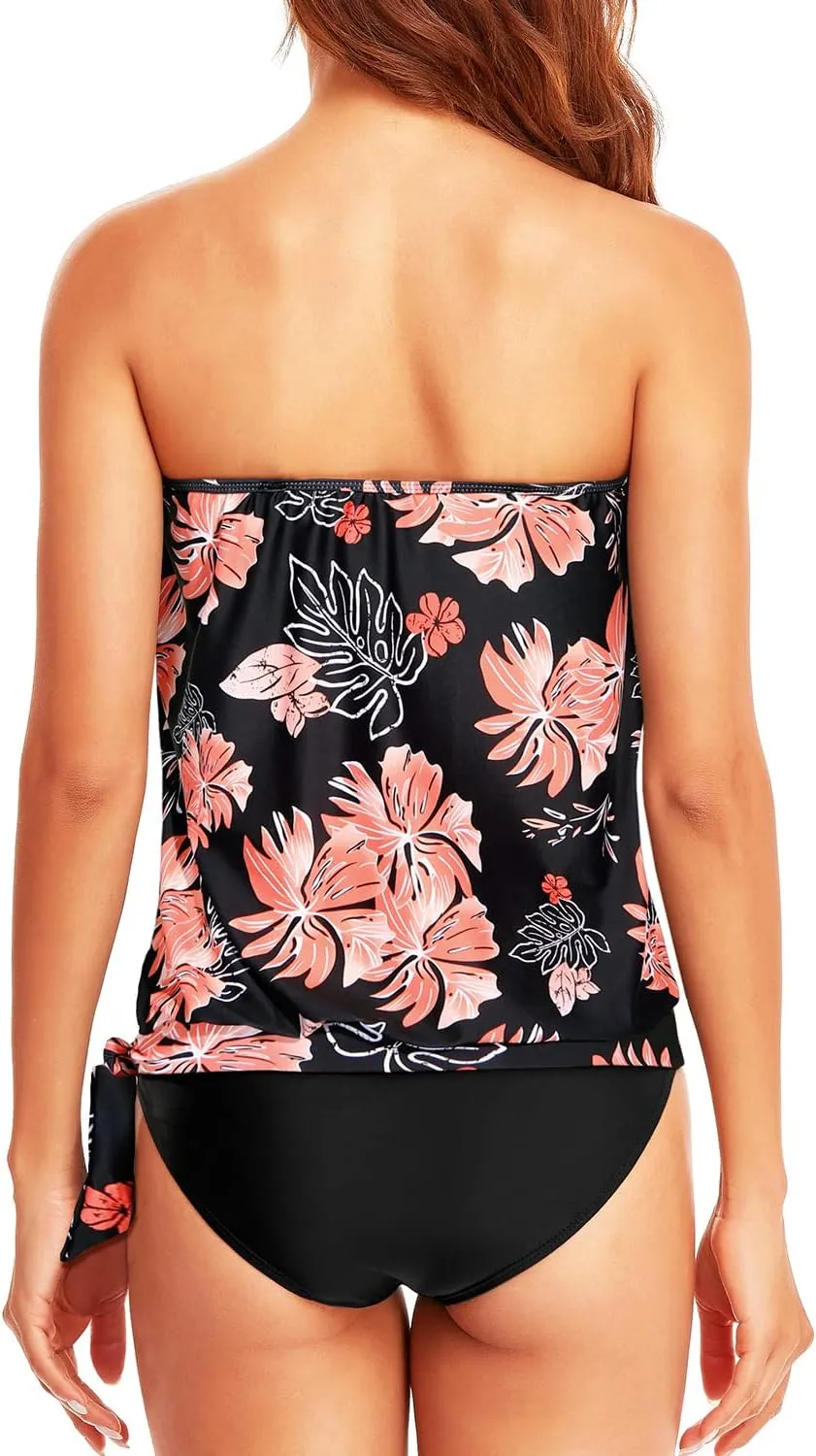 Holipick Two Piece Bathing Suit Strapless Tankini Swimsuits for Women Bandeau Swimsuits Blouson Tankini Tops with Bottom