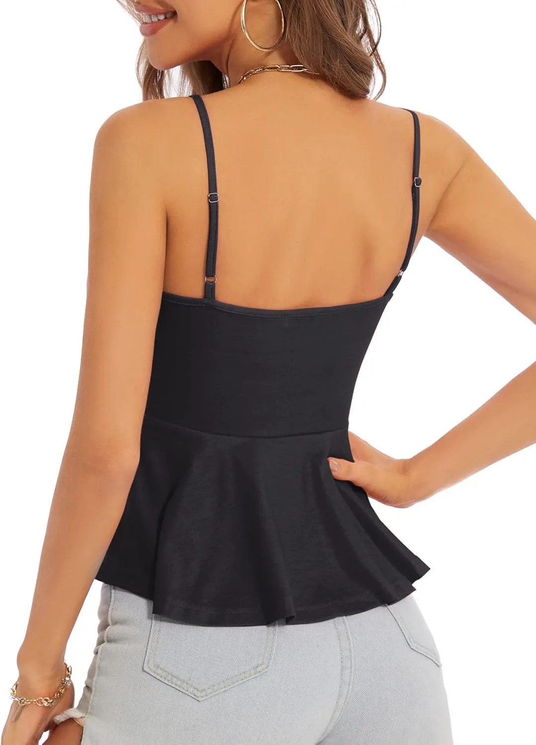 HUHOT Women's Floral Ruffle Top Tie Front Sleeveless V Neck Adjustable Spaghetti Strap Cami