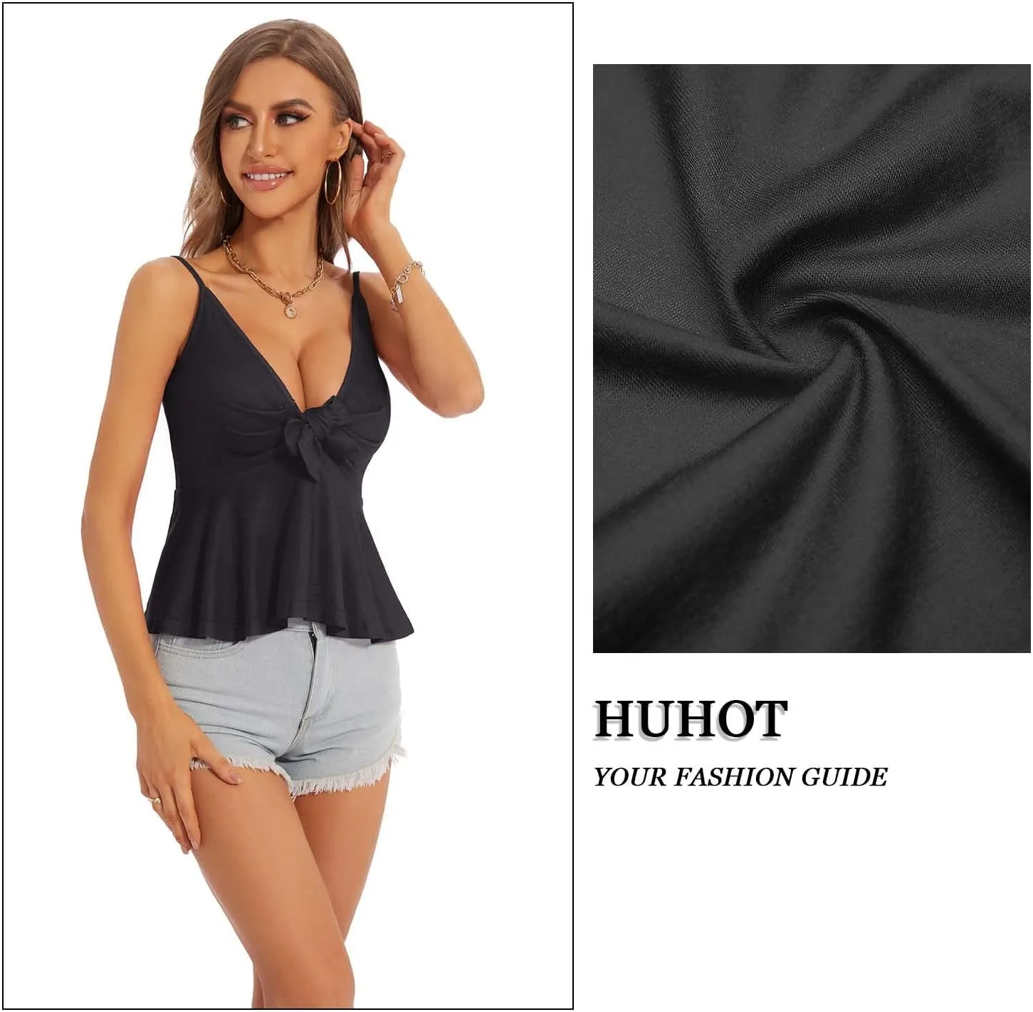 HUHOT Women's Floral Ruffle Top Tie Front Sleeveless V Neck Adjustable Spaghetti Strap Cami