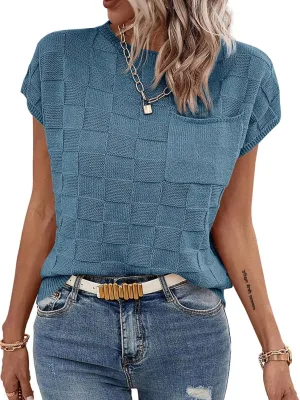 Imily Bela Womens Cap Sleeve Sweater Sleeveless Crewneck Checkered Casual Loose Fit Knit Shirts Pullover Tops