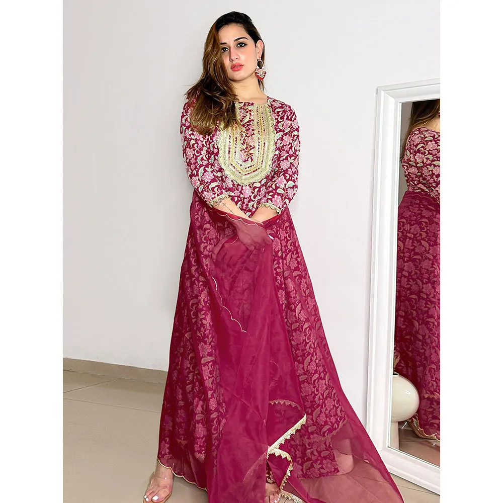 Janasya Womens Pink Cotton Foil Floral Printed Kurta, Palazzo and Dupatta (Set of 3)