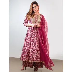 Janasya Womens Pink Cotton Foil Floral Printed Kurta, Palazzo and Dupatta (Set of 3)