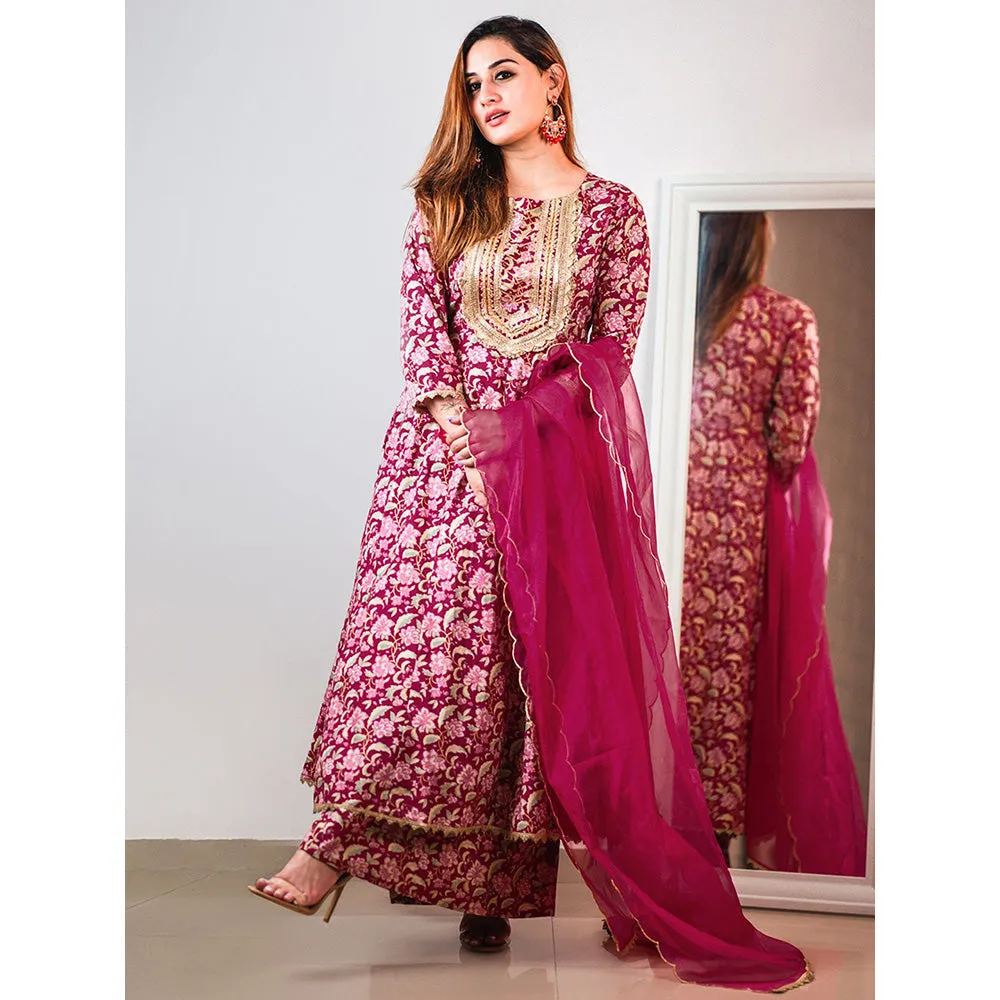 Janasya Womens Pink Cotton Foil Floral Printed Kurta, Palazzo and Dupatta (Set of 3)