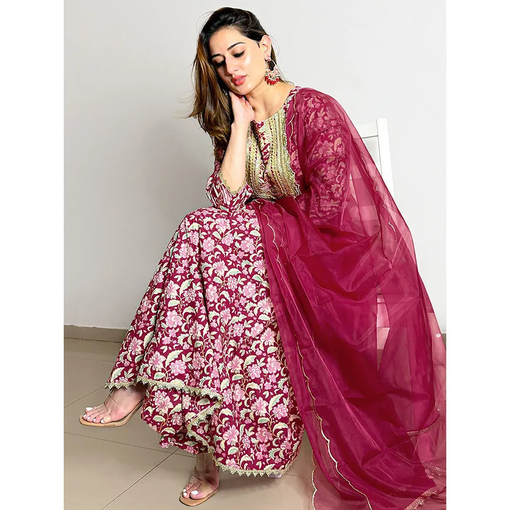 Janasya Womens Pink Cotton Foil Floral Printed Kurta, Palazzo and Dupatta (Set of 3)