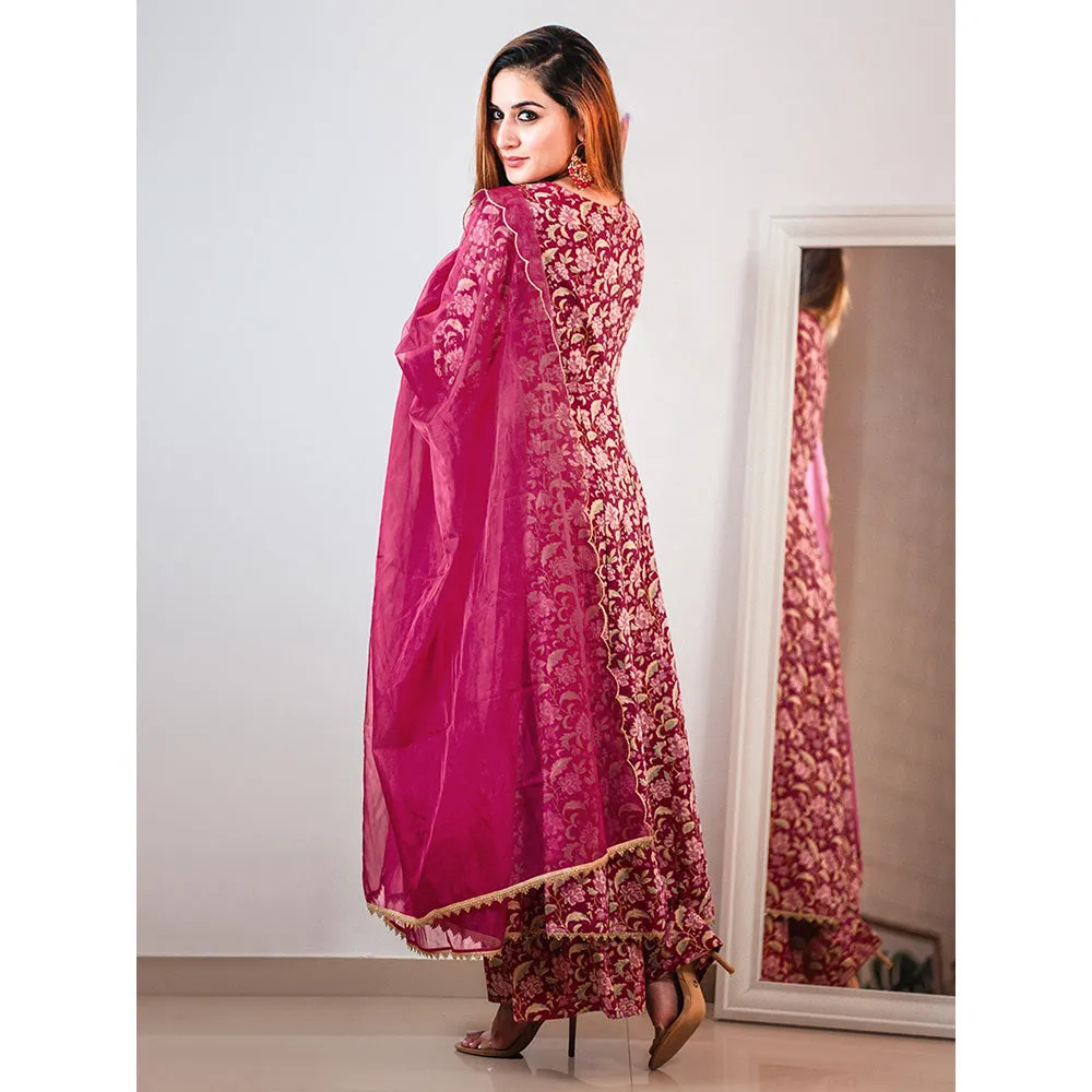Janasya Womens Pink Cotton Foil Floral Printed Kurta, Palazzo and Dupatta (Set of 3)