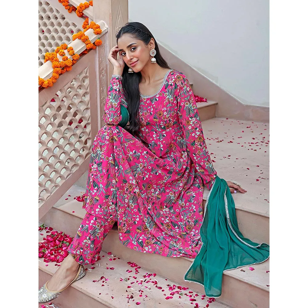Janasya Womens Pink Georgette Digital Floral Printed Kurta with Palazzo & Dupatta (Set of 3)