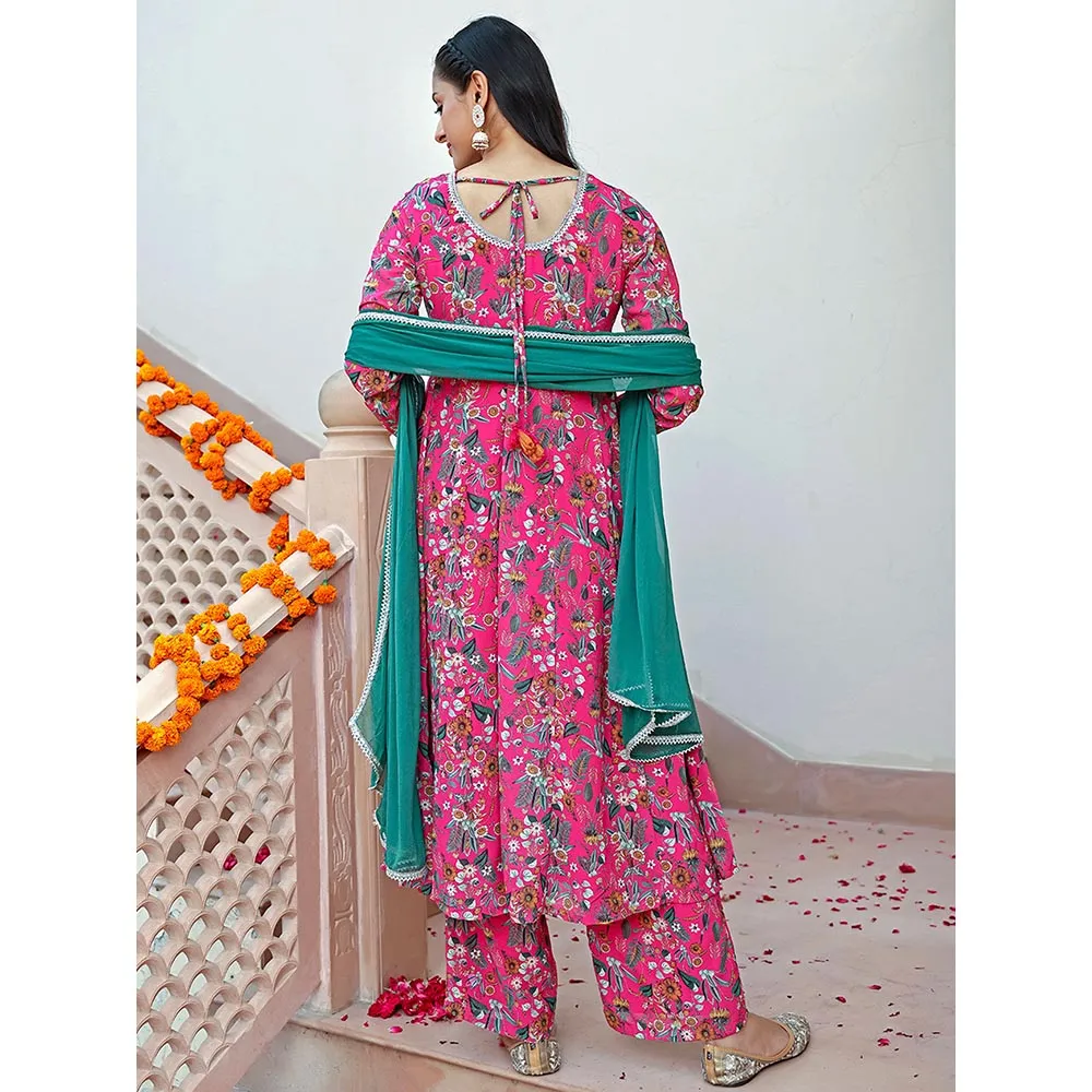 Janasya Womens Pink Georgette Digital Floral Printed Kurta with Palazzo & Dupatta (Set of 3)