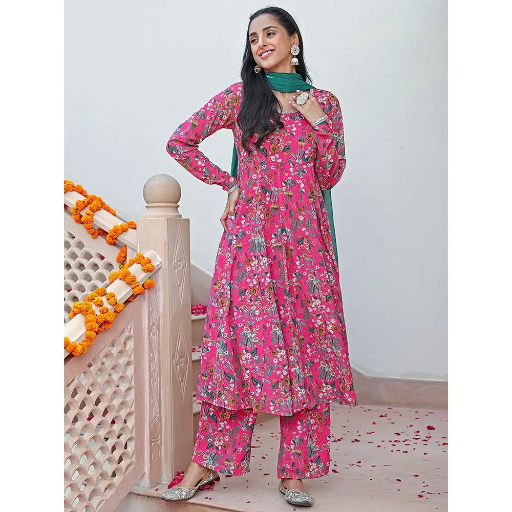Janasya Womens Pink Georgette Digital Floral Printed Kurta with Palazzo & Dupatta (Set of 3)
