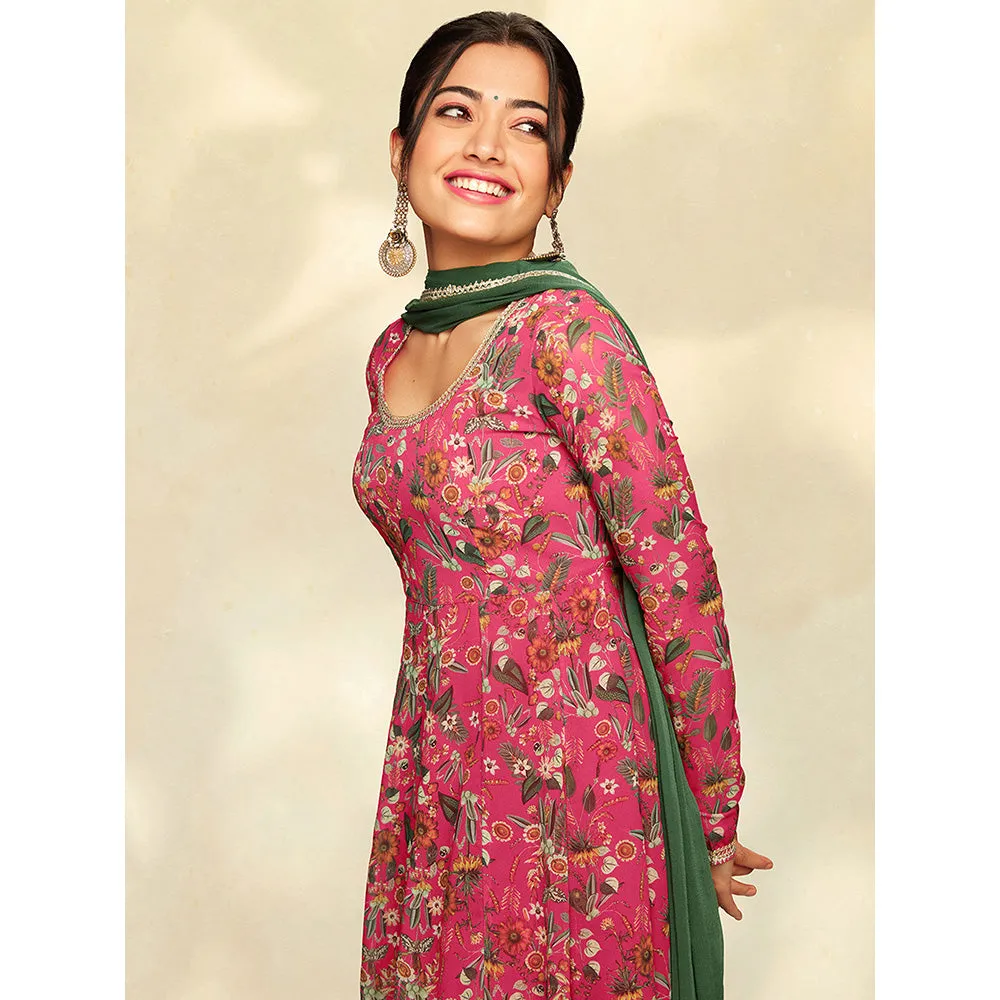 Janasya Womens Pink Georgette Digital Floral Printed Kurta with Palazzo & Dupatta (Set of 3)