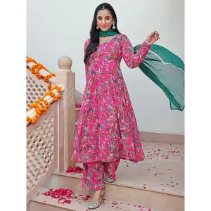 Janasya Womens Pink Georgette Digital Floral Printed Kurta with Palazzo & Dupatta (Set of 3)