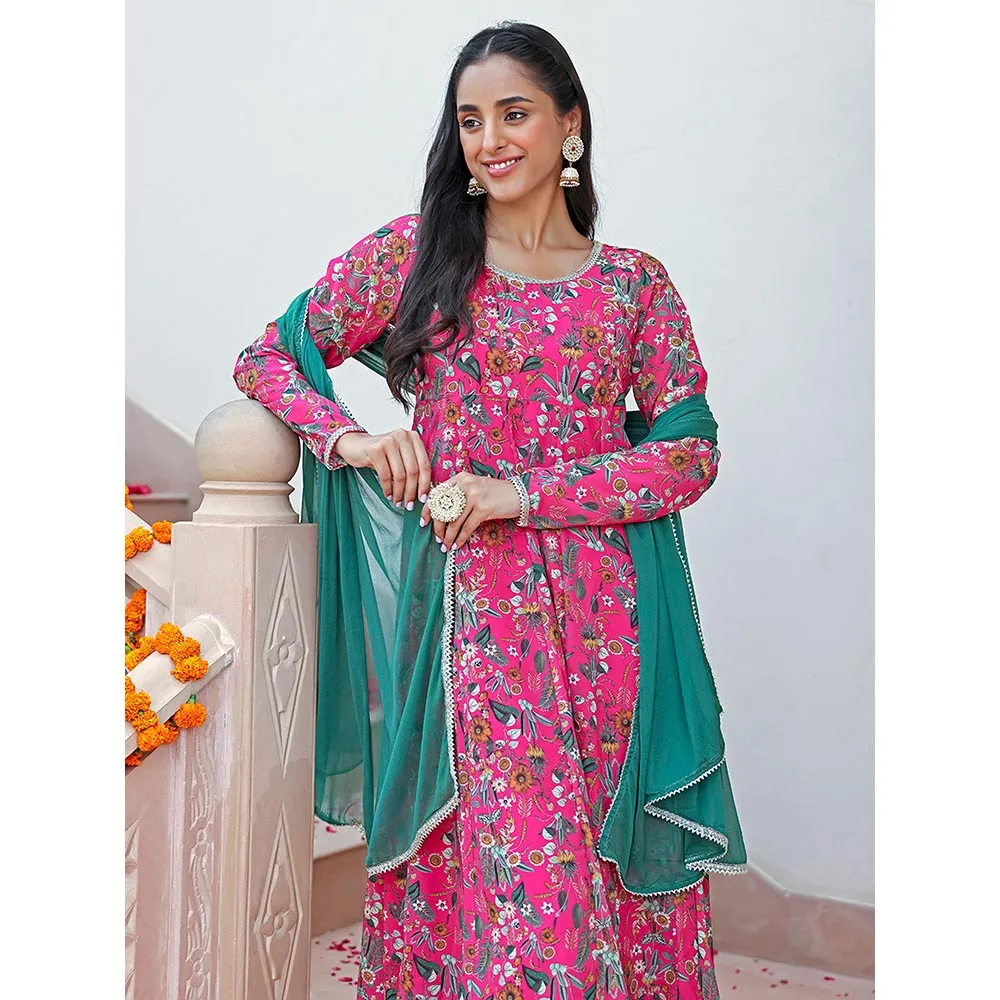 Janasya Womens Pink Georgette Digital Floral Printed Kurta with Palazzo & Dupatta (Set of 3)