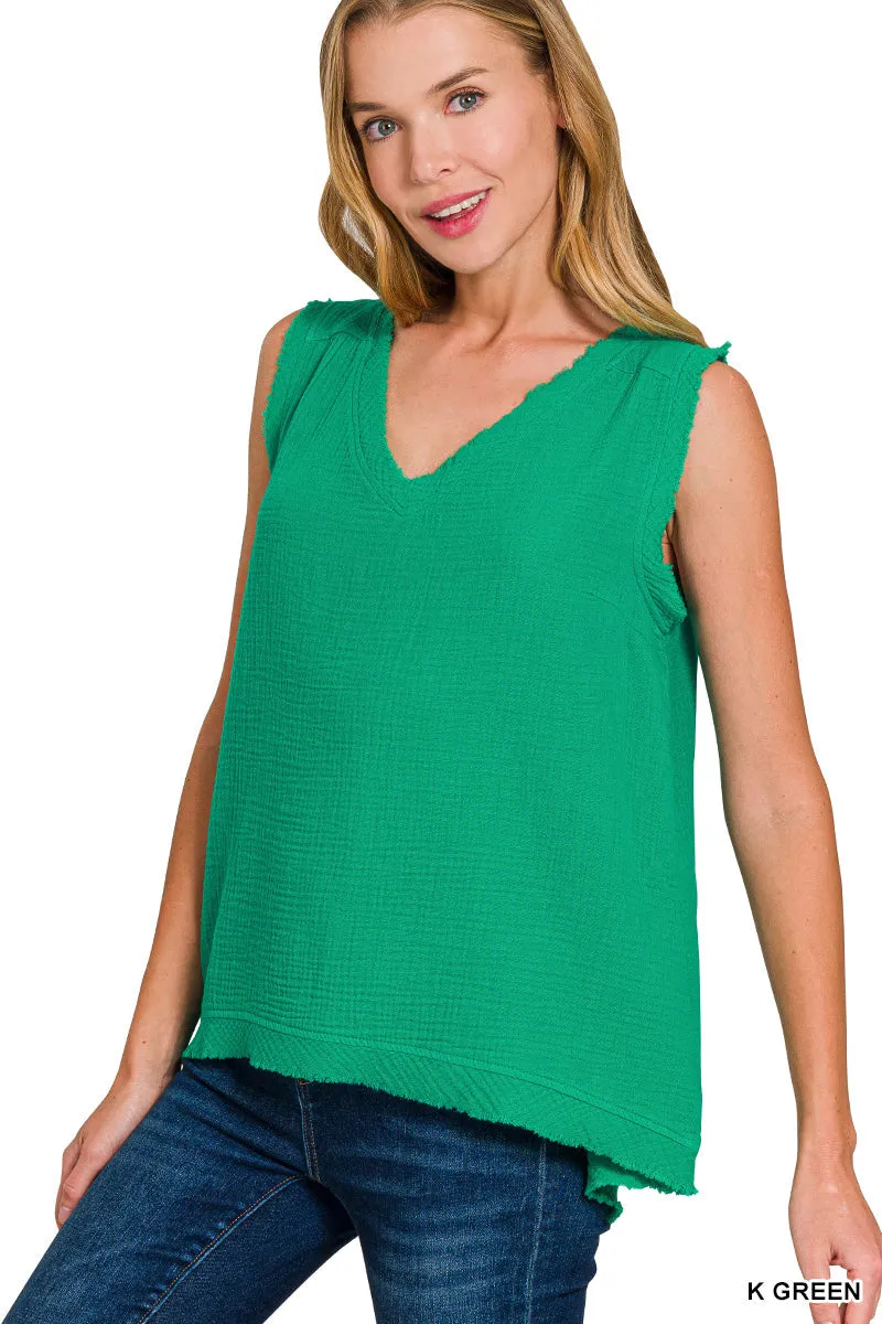 Kelly Green Muslin Raw Edge Tank