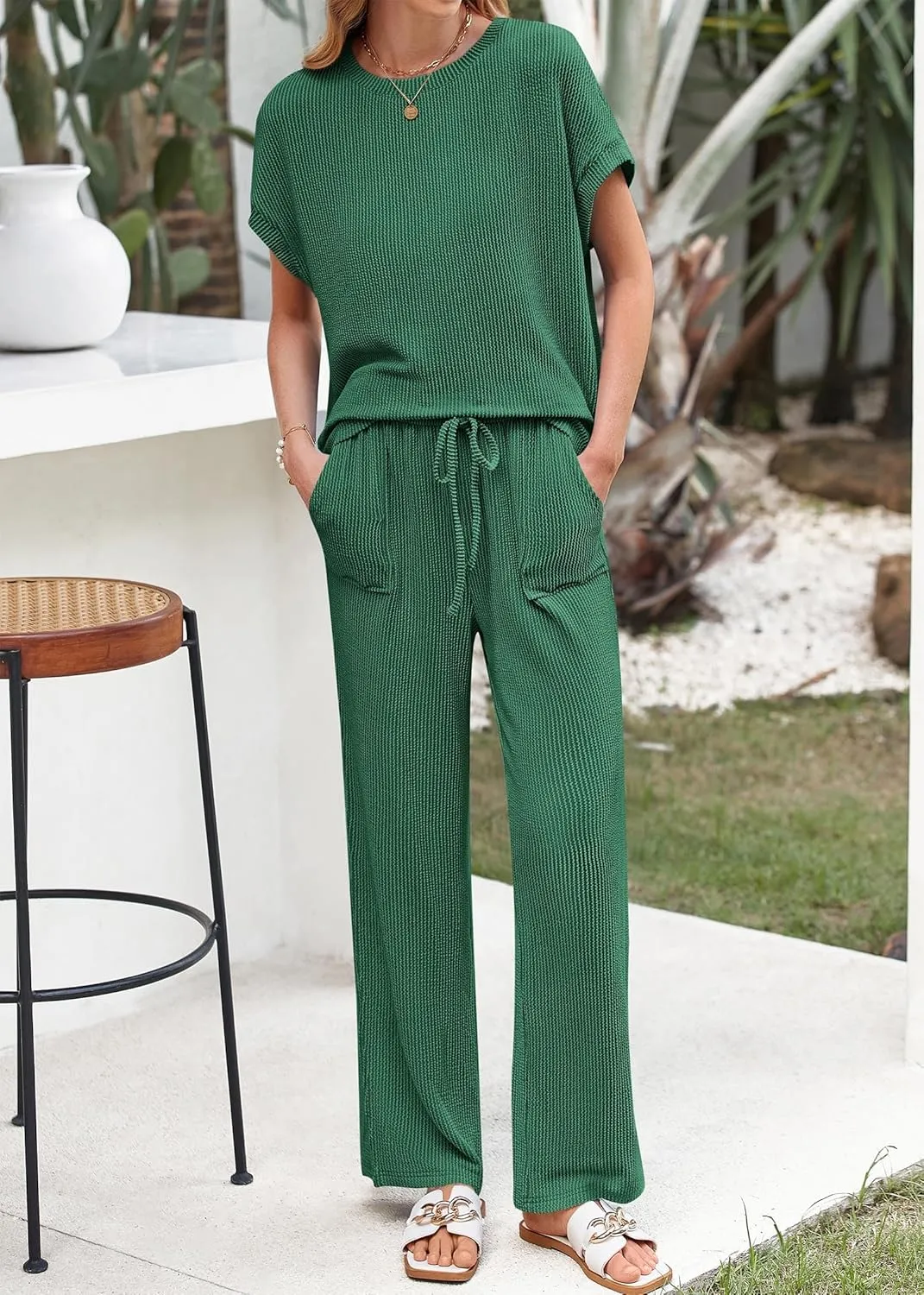 KIRUNDO Womens Summer 2 Piece Outfits Casual Ribbed Knit Short Sleeve Tops Wide Leg Pants Lounge Sets Tracksuit Sweatsuit