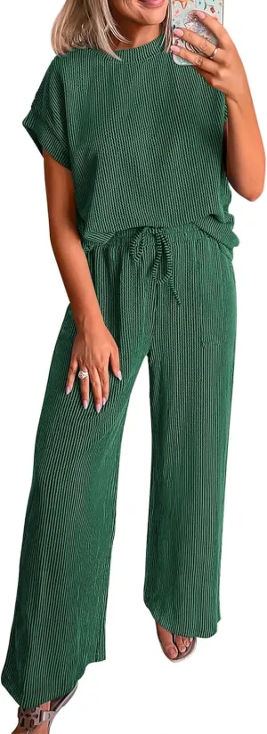KIRUNDO Womens Summer 2 Piece Outfits Casual Ribbed Knit Short Sleeve Tops Wide Leg Pants Lounge Sets Tracksuit Sweatsuit